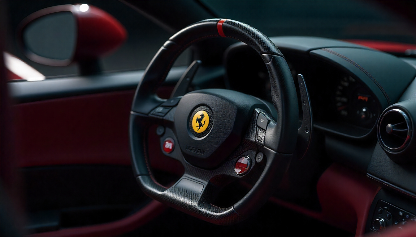 Close-up of a glossy carbon fiber car part showcasing detailed weave pattern and premium handcrafted finish on a luxury supercar interior.