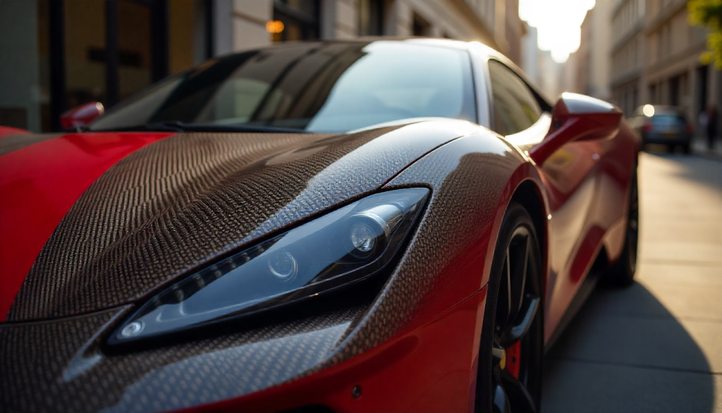 Luxury sports car with exposed carbon fiber hood and side mirrors, highlighting the premium weave pattern and lightweight performance design.