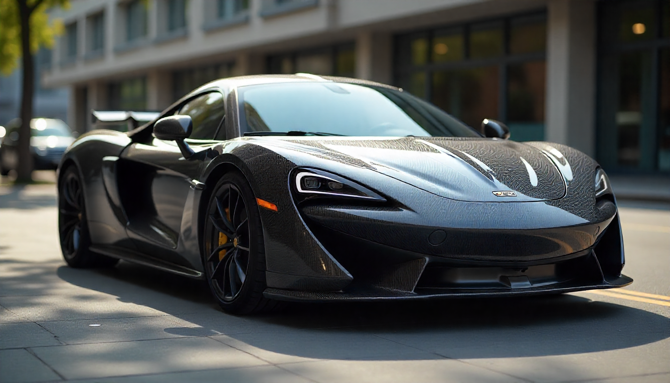 Luxury sports car with exposed carbon fiber hood and side mirrors, highlighting the premium weave pattern and lightweight performance design.