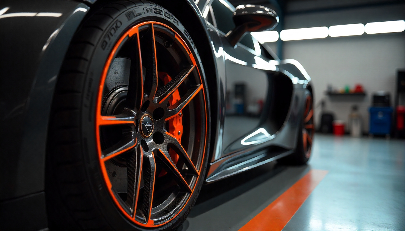 Close-up of glossy carbon fiber wheels on a luxury sports car in a modern garage, highlighting the weave pattern, premium finish, and handcrafted quality.