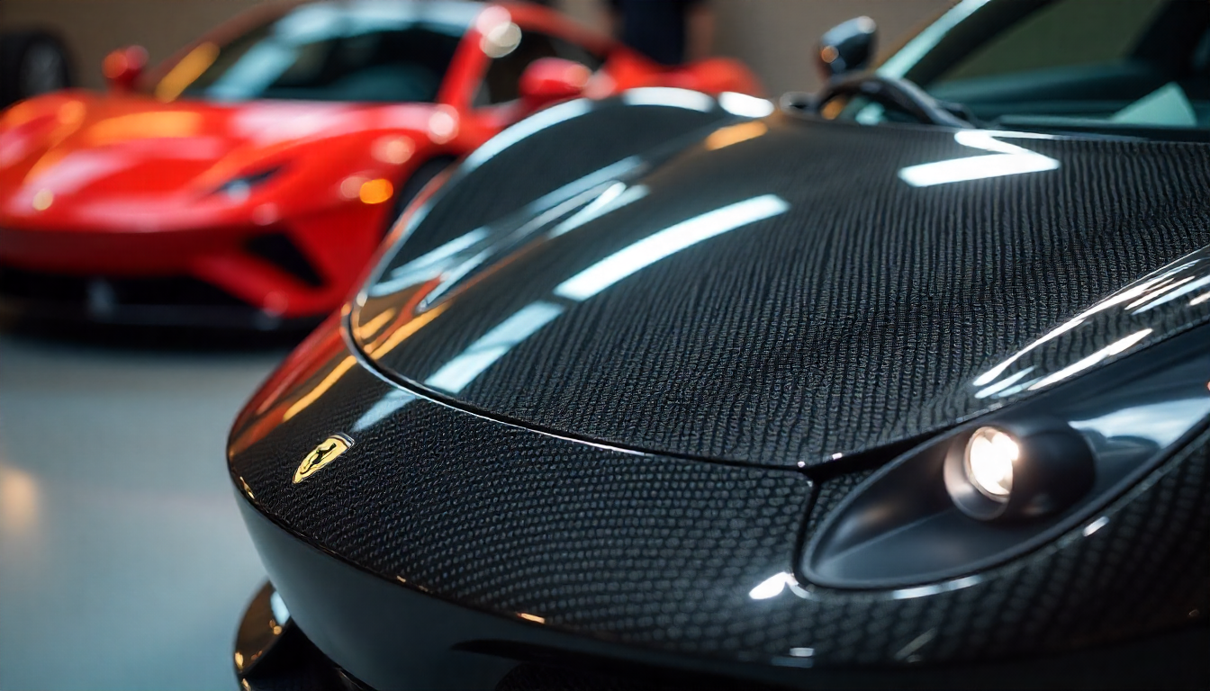 Close-up of a handcrafted carbon fiber car part with a glossy woven finish, displayed in a luxury automotive setting alongside a high-performance exotic car.