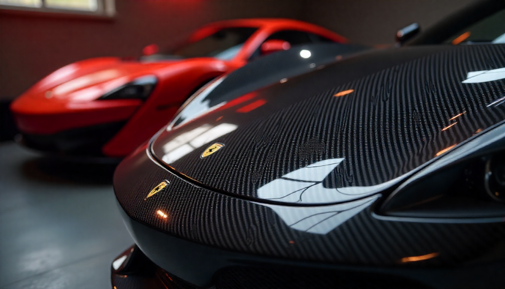 Close-up of a handcrafted carbon fiber car part with a glossy woven finish, displayed in a luxury automotive setting alongside a high-performance exotic car.