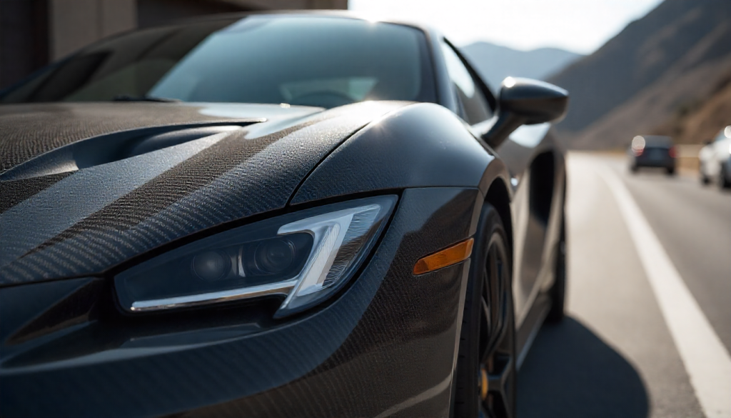 Luxury sports car with glossy carbon fiber parts showcasing weave texture and sunlight reflection, symbolizing strength, durability, and high-end craftsmanship.