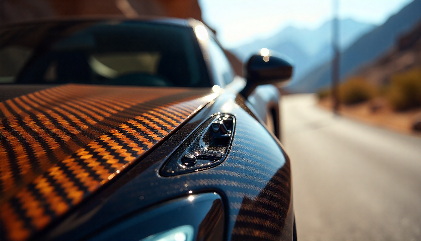 Luxury sports car with glossy carbon fiber parts showcasing weave texture and sunlight reflection, symbolizing strength, durability, and high-end craftsmanship.