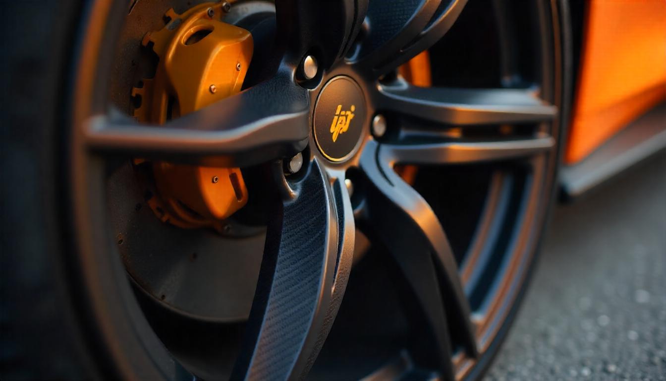 Close-up of a luxury car wheel featuring a handcrafted carbon fiber tire valve cap with a high-gloss finish and distinctive weave pattern.