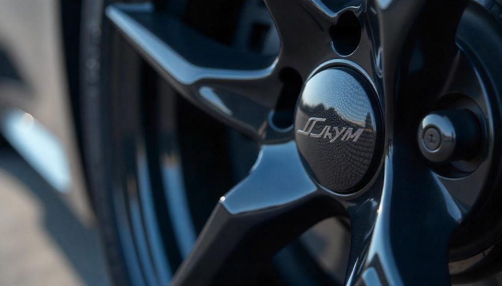 Close-up of a luxury car wheel featuring a handcrafted carbon fiber tire valve cap with a high-gloss finish and distinctive weave pattern.