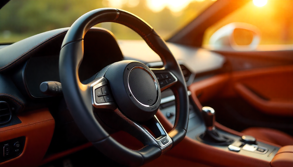 Sunlight hitting a custom carbon fiber steering wheel inside a luxury sports car, showcasing the weave texture and glossy UV-protected finish.