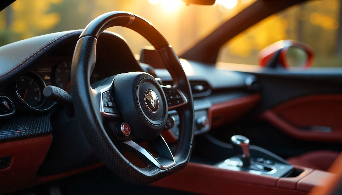Sunlight hitting a custom carbon fiber steering wheel inside a luxury sports car, showcasing the weave texture and glossy UV-protected finish.