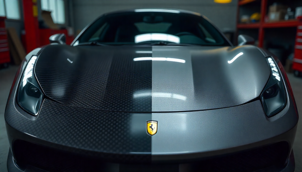Close-up comparison of carbon fiber and steel materials used in exotic car parts, highlighting the textured weave of carbon fiber next to brushed steel with a luxury car background
