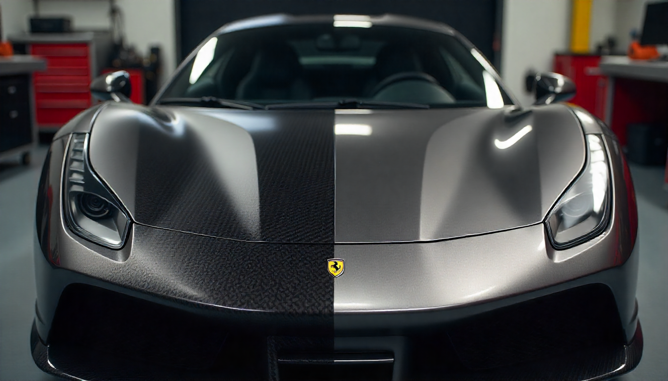 Close-up comparison of carbon fiber and steel materials used in exotic car parts, highlighting the textured weave of carbon fiber next to brushed steel with a luxury car background