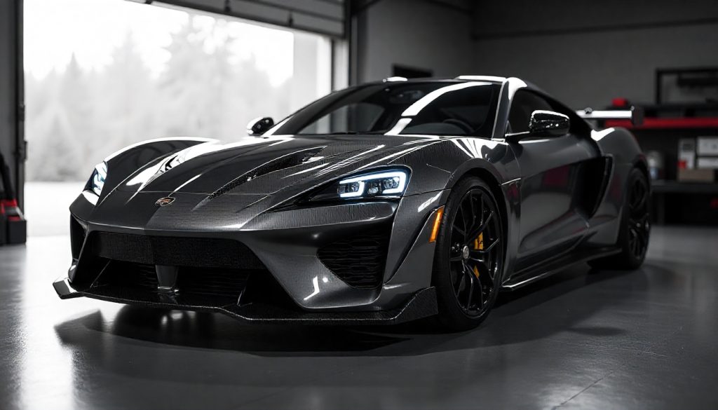 Close-up of a luxury sports car featuring glossy carbon fiber parts with visible weave pattern, representing premium maintenance and high-performance automotive design.