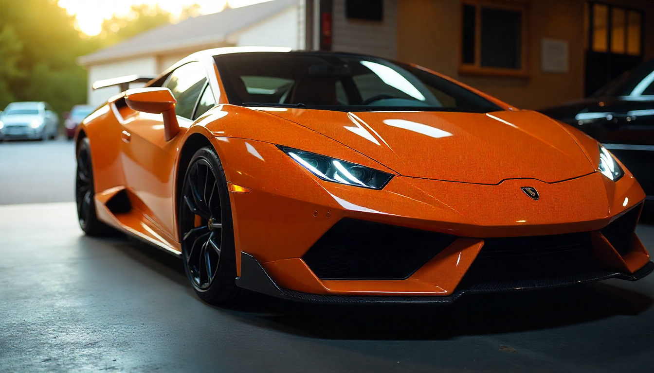 Close-up of a luxury sports car featuring glossy carbon fiber parts with visible weave pattern, representing premium maintenance and high-performance automotive design.