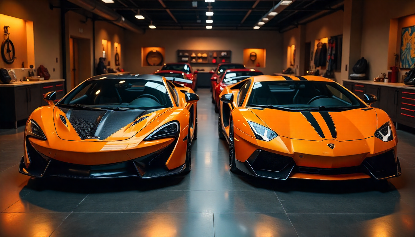 McLaren and Lamborghini with exposed carbon fiber parts in a luxury garage showcasing handcrafted carbon fiber accessories and premium car components.