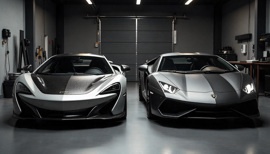 McLaren and Lamborghini with exposed carbon fiber parts in a luxury garage showcasing handcrafted carbon fiber accessories and premium car components.