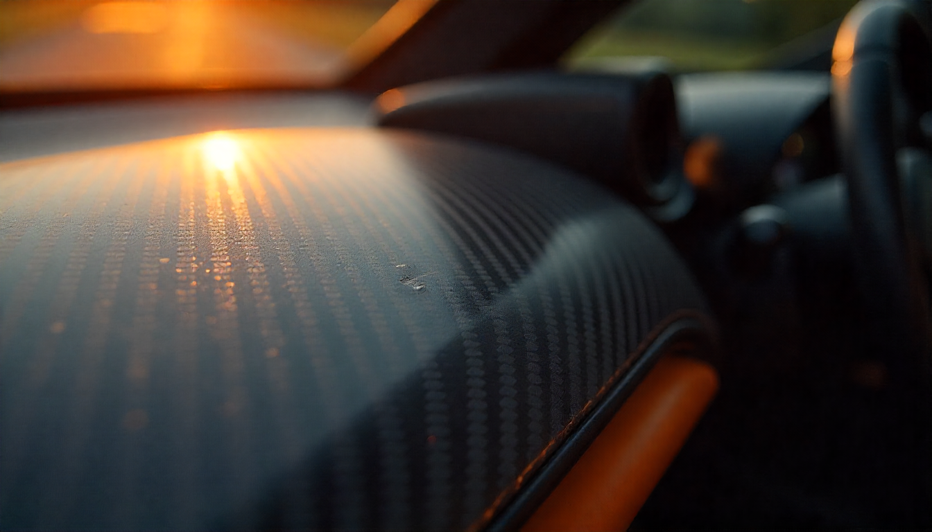 Close-up of a glossy carbon fiber car part with a visible surface scratch, showcasing the weave texture and clear coat finish inside a high-end vehicle.