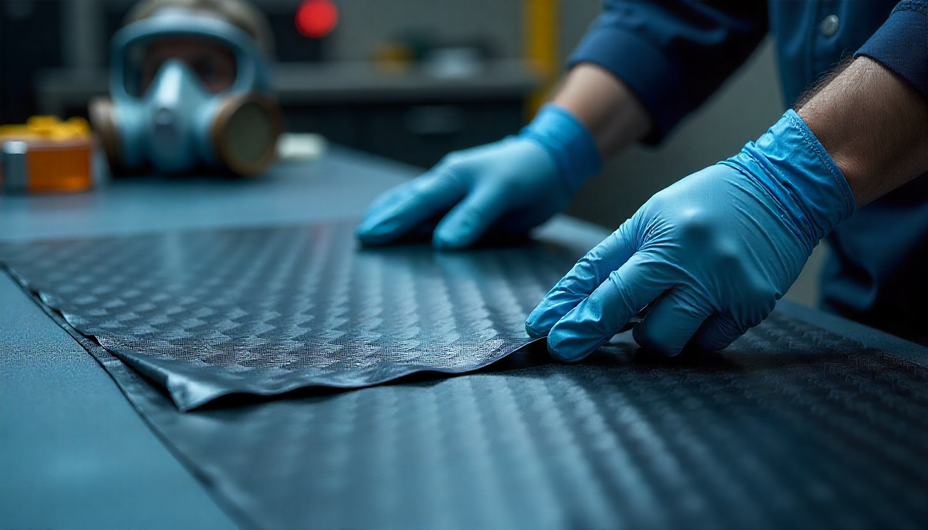 Gloved hand holding raw carbon fiber fabric in a workshop with protective gear nearby, highlighting texture and safe handling of carbon fiber materials