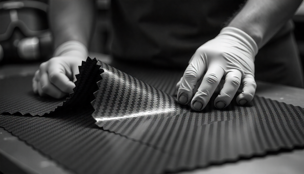 Gloved hand holding raw carbon fiber fabric in a workshop with protective gear nearby, highlighting texture and safe handling of carbon fiber materials