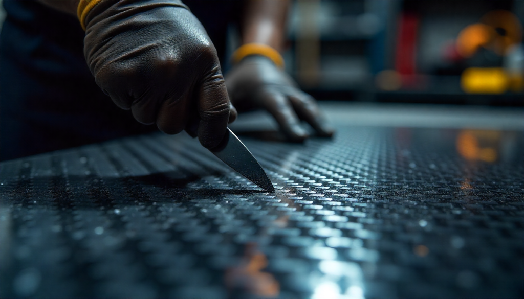 Hand cutting carbon fiber sheet with diamond-coated blade in a workshop, showing carbon fiber texture, dust, and precision tools used in automotive customization
