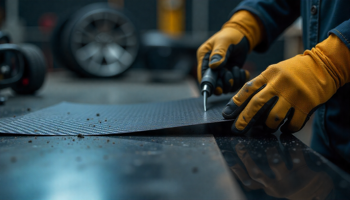 Hand cutting carbon fiber sheet with diamond-coated blade in a workshop, showing carbon fiber texture, dust, and precision tools used in automotive customization