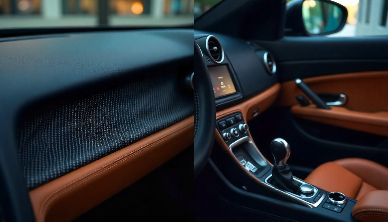 Close-up comparison of carbon fiber dashboard trim and leather car seat inside a luxury sports car, showcasing texture and material strength differences.