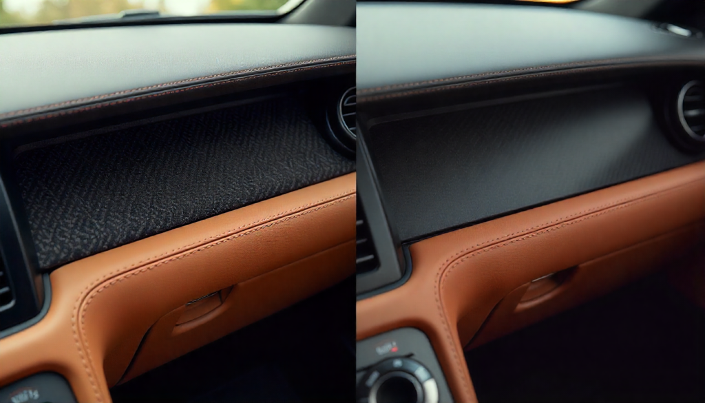 Close-up comparison of carbon fiber dashboard trim and leather car seat inside a luxury sports car, showcasing texture and material strength differences.