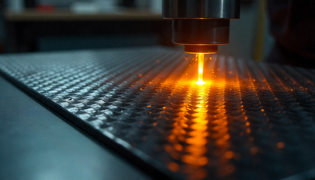 Carbon fiber panel under stress test in a high-end workshop, showing detailed weave texture and glossy finish representing strength and craftsmanship.
