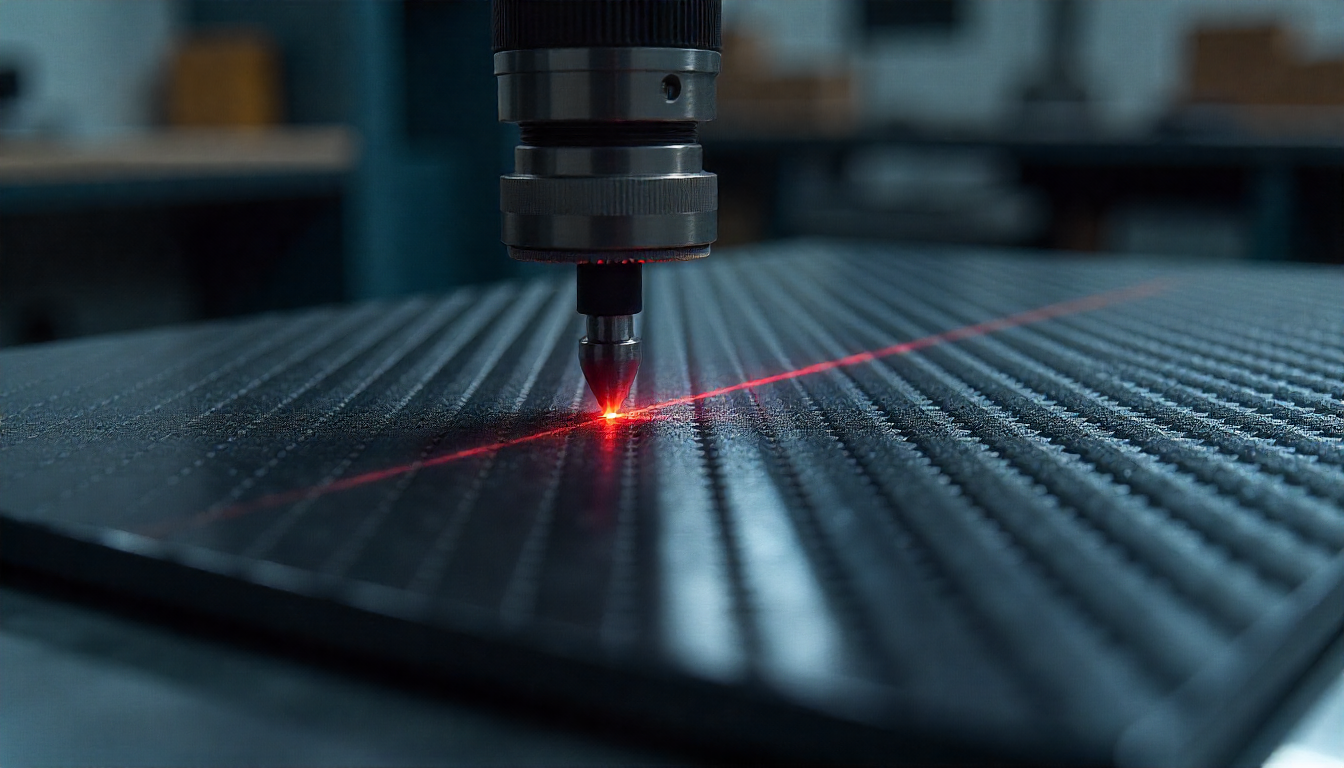 Carbon fiber panel under stress test in a high-end workshop, showing detailed weave texture and glossy finish representing strength and craftsmanship.