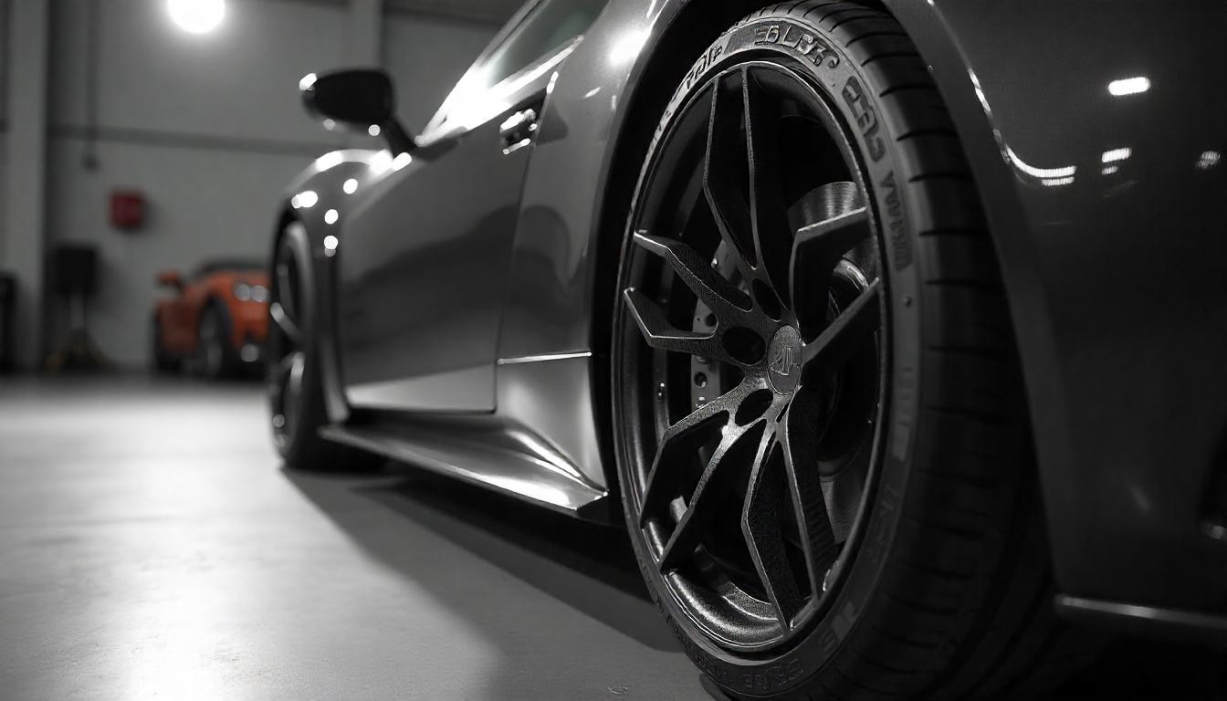 Close-up of a handcrafted carbon fiber car wheel on an exotic sports car showing weave pattern, high-gloss finish, and premium design in a luxury garage setting