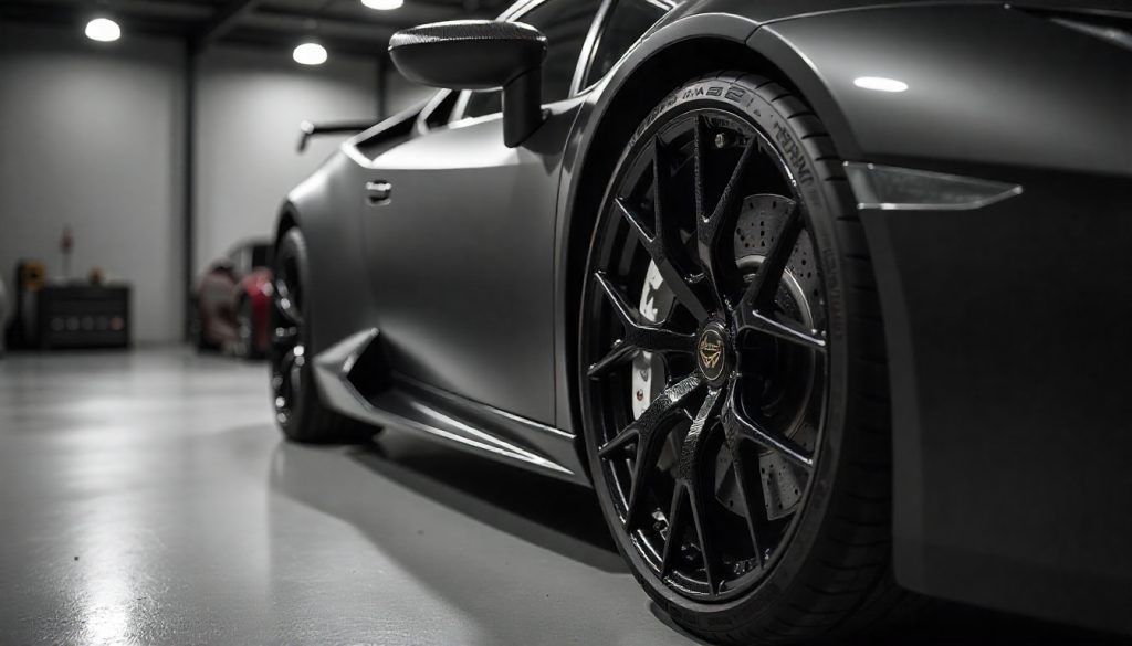 Close-up of a handcrafted carbon fiber car wheel on an exotic sports car showing weave pattern, high-gloss finish, and premium design in a luxury garage setting