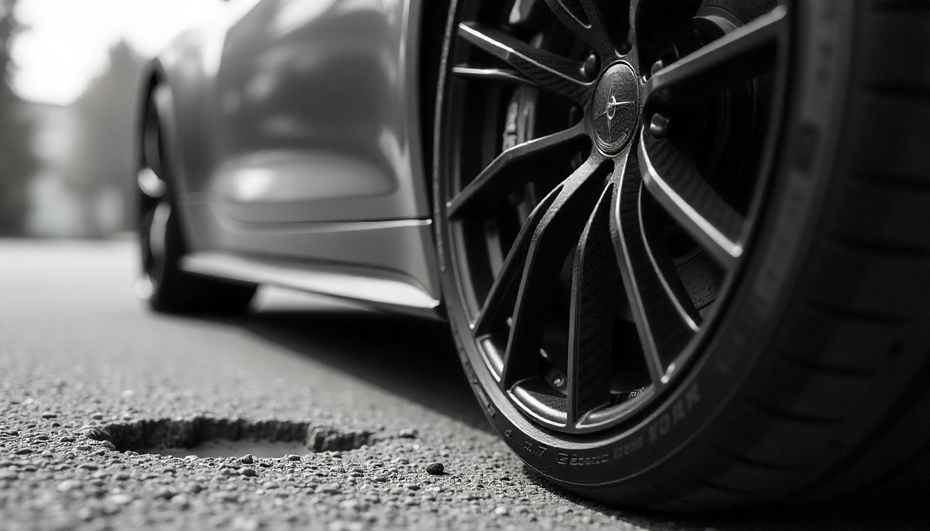 Close-up of a high-end carbon fiber wheel on a luxury sports car near a curb, showing the weave texture and performance styling