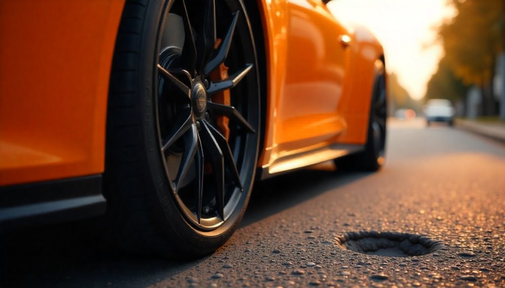 Close-up of a high-end carbon fiber wheel on a luxury sports car near a curb, showing the weave texture and performance styling 