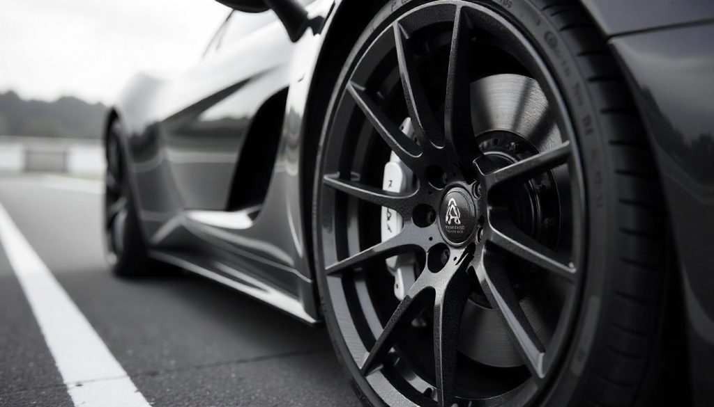 High-performance carbon fiber wheel on a luxury sports car, highlighting aerodynamic design and premium craftsmanship.