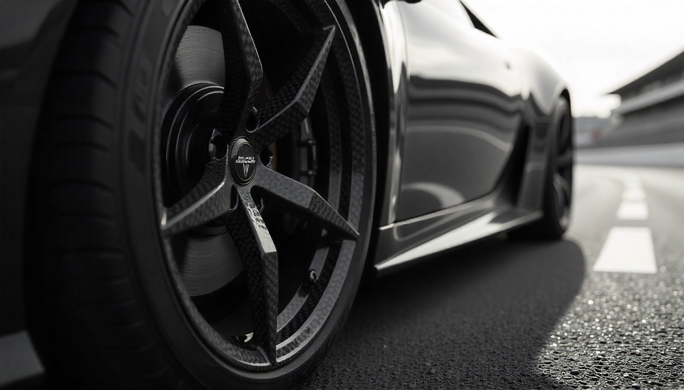High-performance carbon fiber wheel on a luxury sports car, highlighting aerodynamic design and premium craftsmanship.
