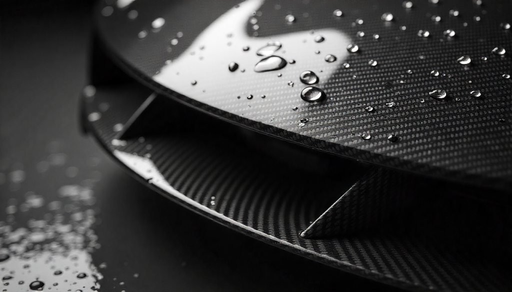 Water droplets on a high-gloss carbon fiber car part showcasing its waterproof and premium handcrafted finish.
