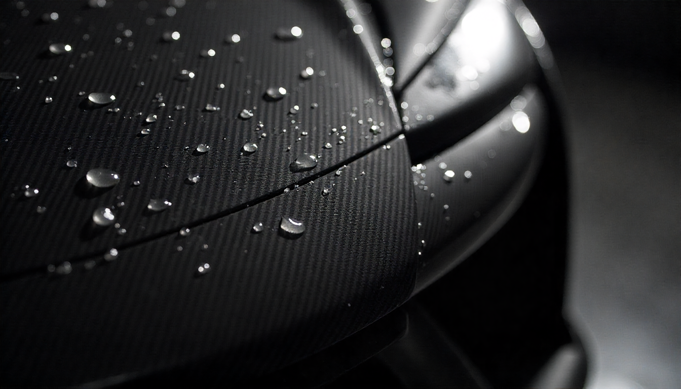 Water droplets on a high-gloss carbon fiber car part showcasing its waterproof and premium handcrafted finish.