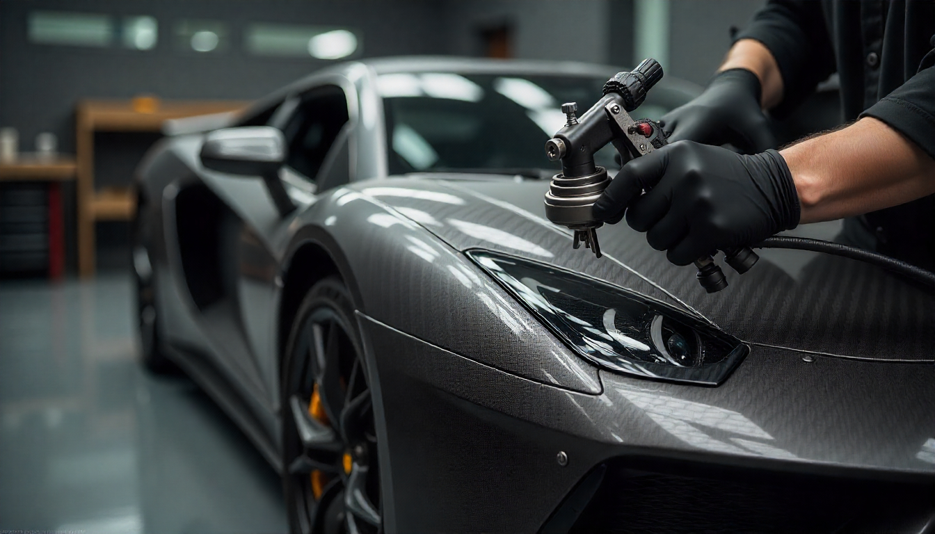 Close-up of a custom carbon fiber car part being professionally painted in a high-end workshop, showcasing precision craftsmanship and a glossy finish.