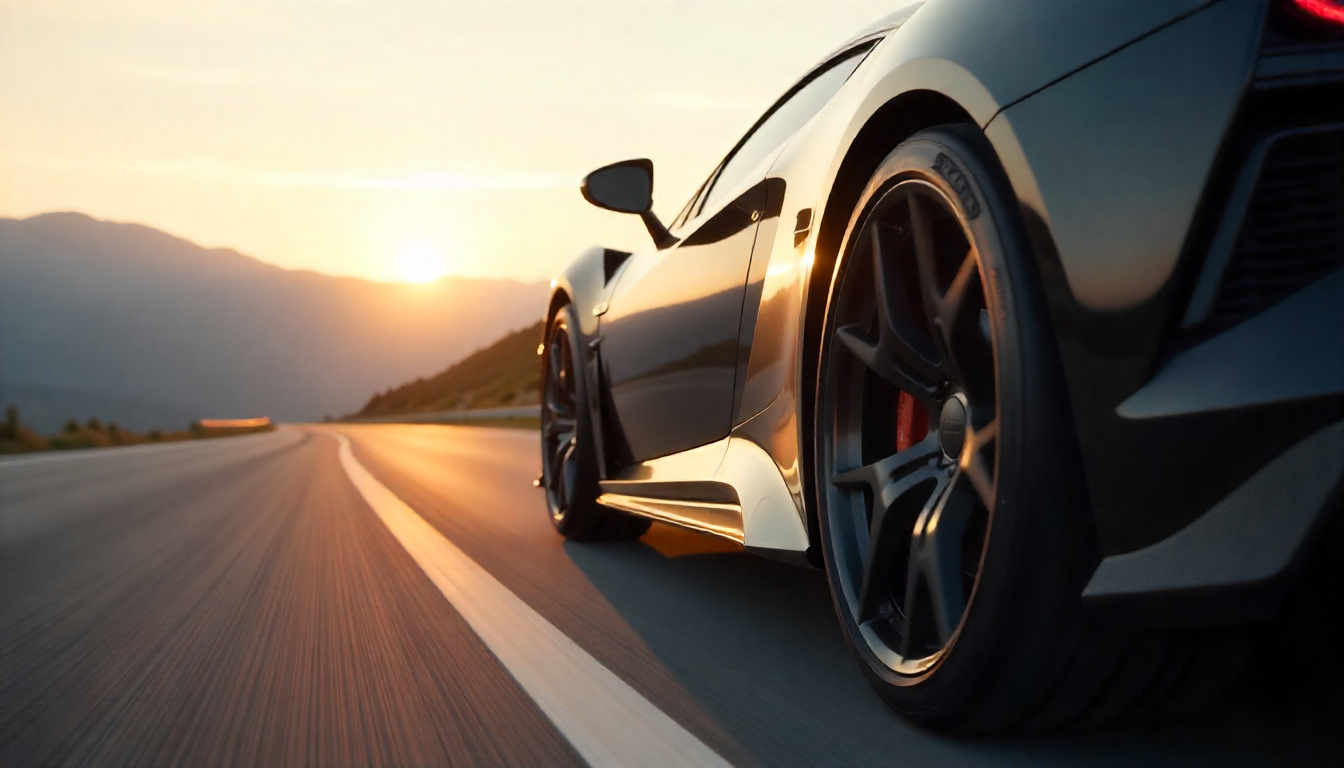 close-up of a luxury sports car driving on a mountain road with carbon fiber wheels, highlighting the weave pattern and safety-focused design in a high-performance setting