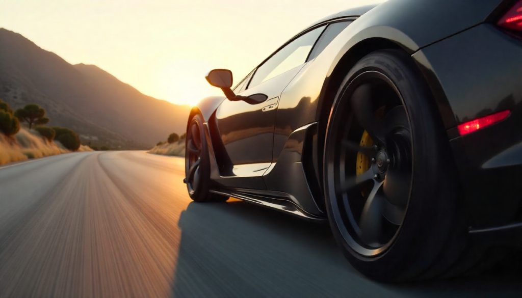 close-up of a luxury sports car driving on a mountain road with carbon fiber wheels, highlighting the weave pattern and safety-focused design in a high-performance setting