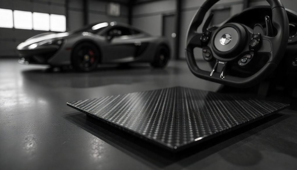 Close-up of a handcrafted carbon fiber plate beside luxury car accessories, showcasing carbon fiber weave and durability in a high-end automotive workshop.