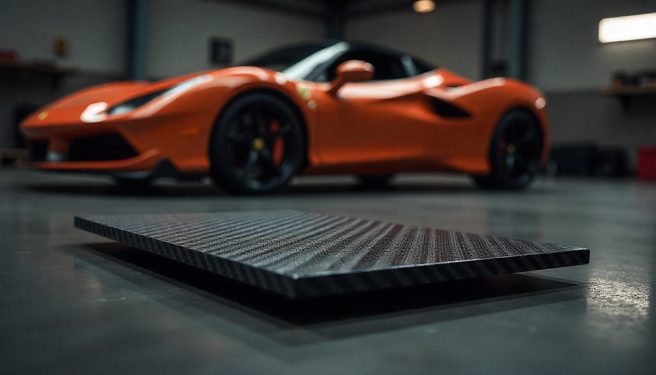 Close-up of a handcrafted carbon fiber plate beside luxury car accessories, showcasing carbon fiber weave and durability in a high-end automotive workshop.