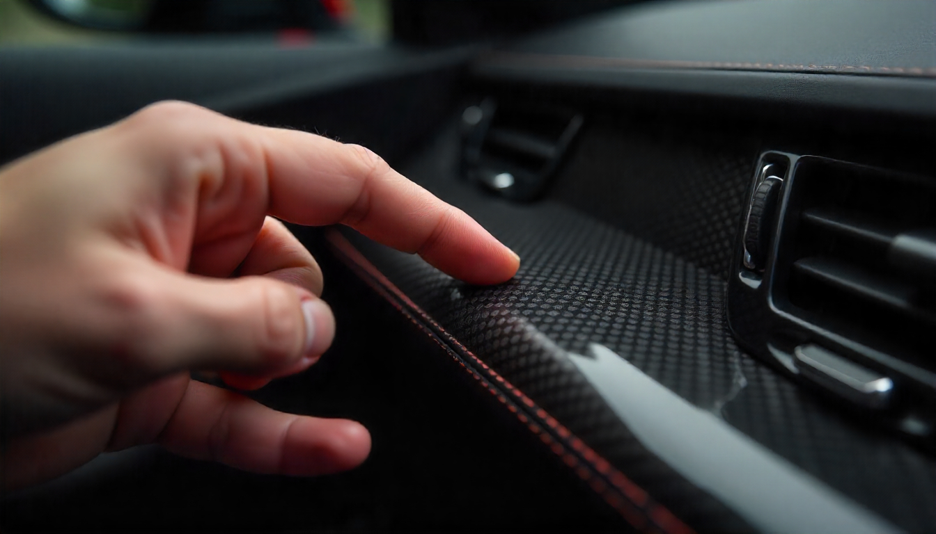Hand touching a polished carbon fiber steering wheel with visible weave pattern in a luxury car interior.