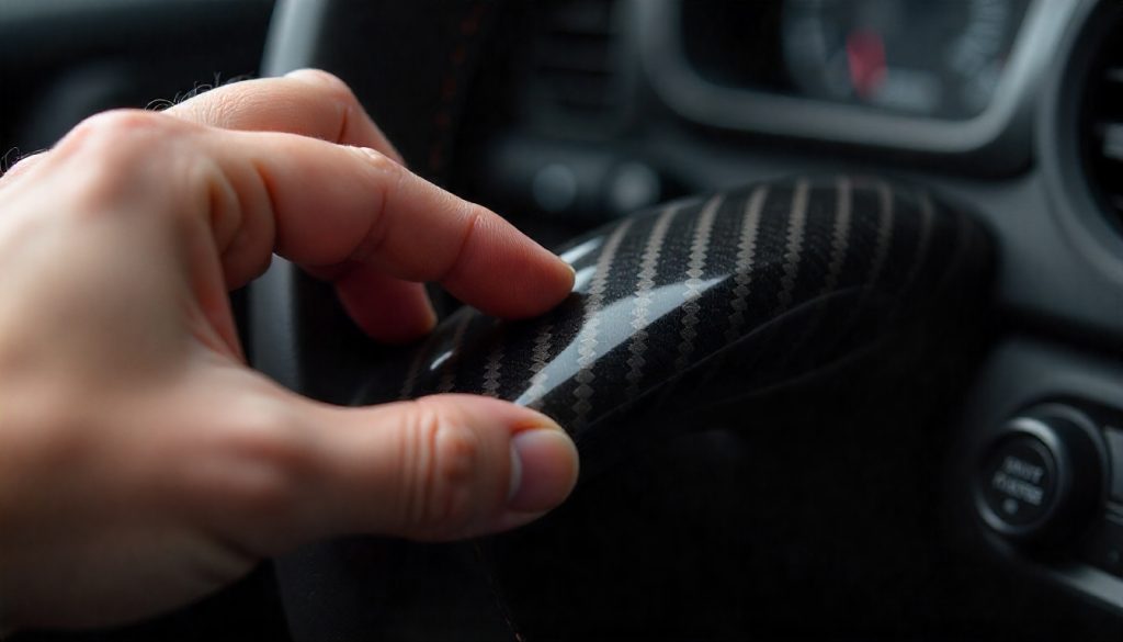 Hand touching a polished carbon fiber steering wheel with visible weave pattern in a luxury car interior.