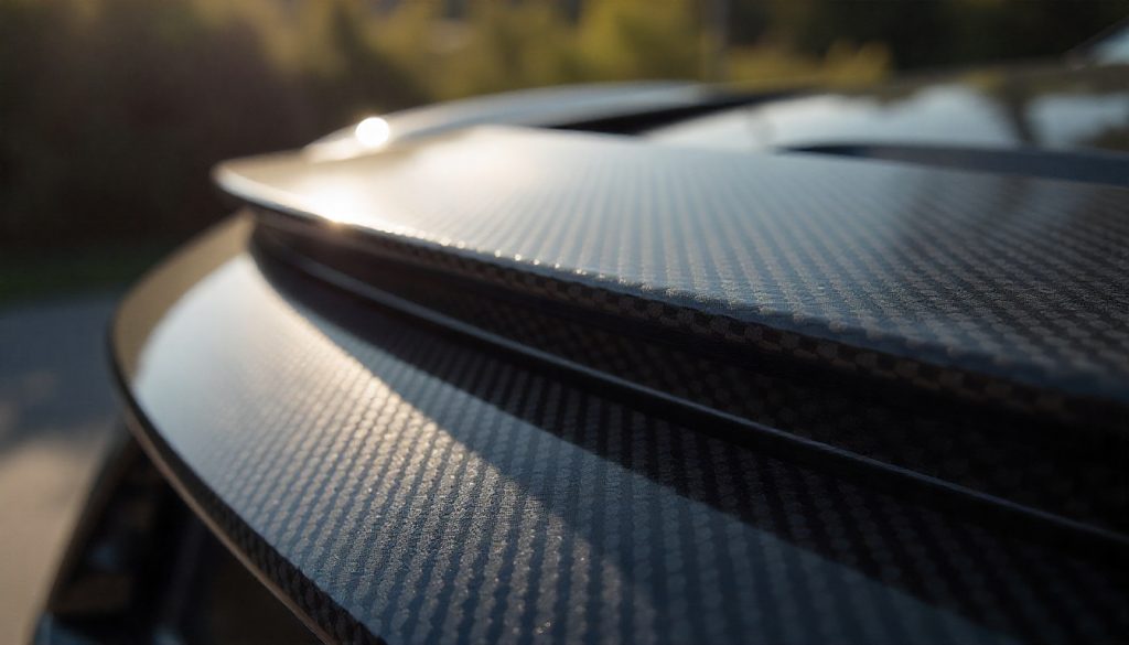 High-end carbon fiber car part exposed to sunlight, showing protective glossy finish and fine weave texture.