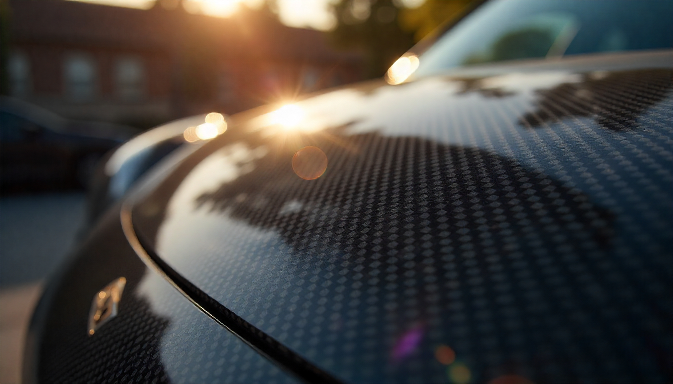 High-end carbon fiber car part exposed to sunlight, showing protective glossy finish and fine weave texture.