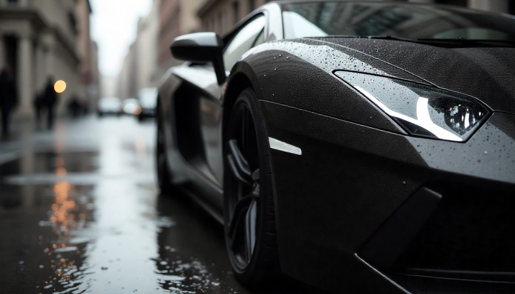 Luxury car with water droplets on carbon fiber panels during rain, showcasing water resistance and premium craftsmanship