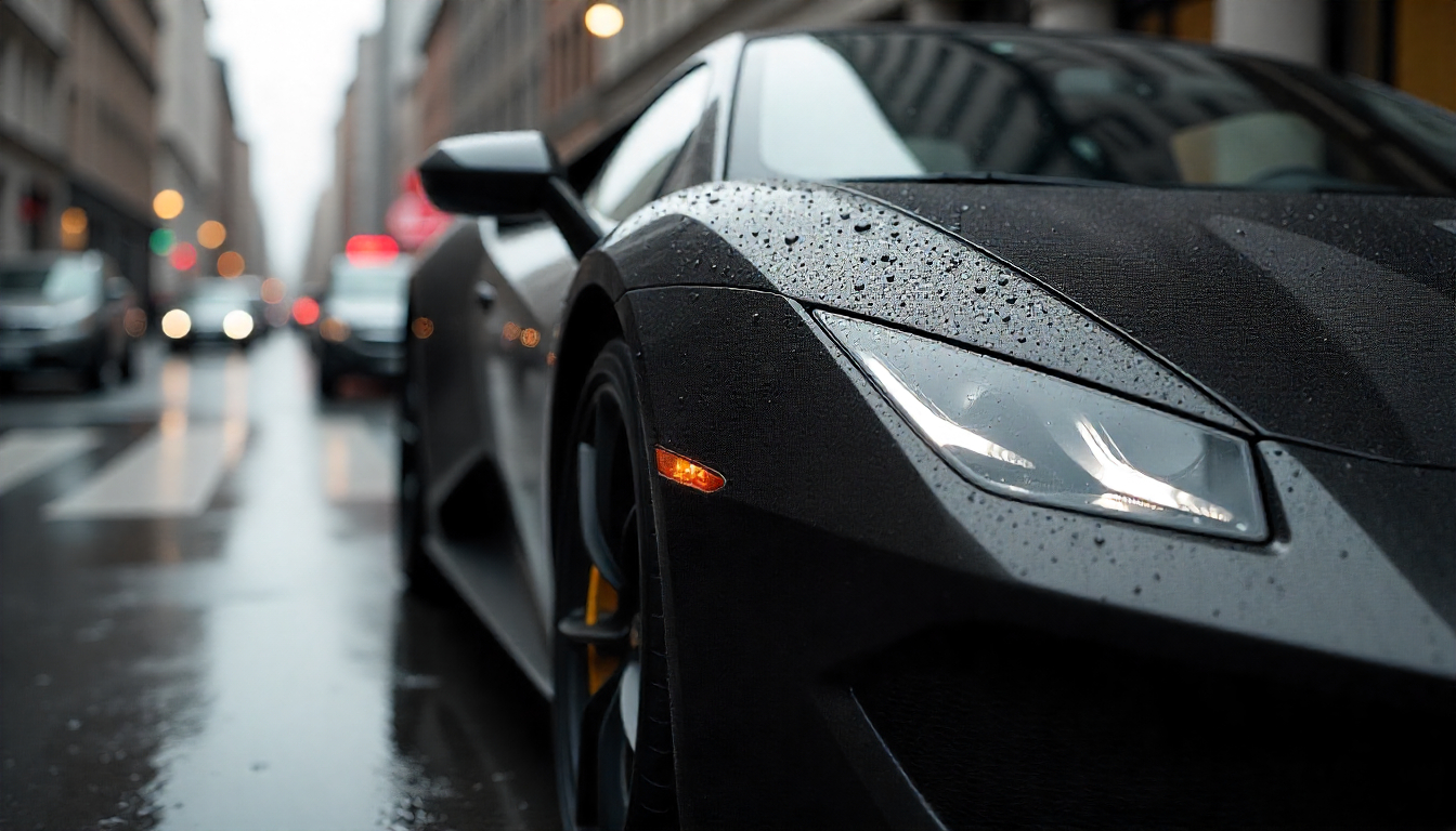 Luxury car with water droplets on carbon fiber panels during rain, showcasing water resistance and premium craftsmanship