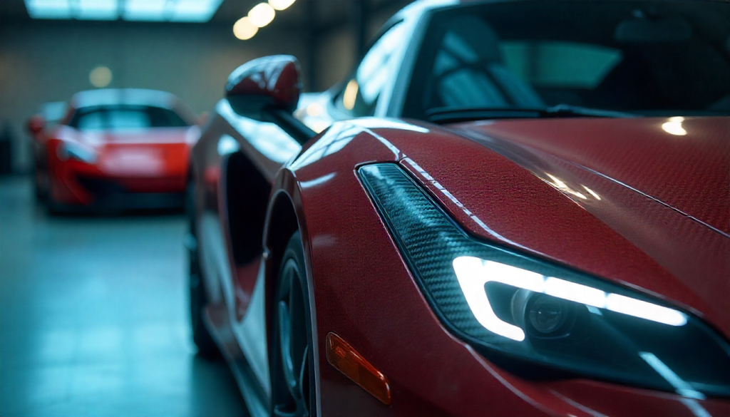 Close-up of a high-end sports car showcasing glossy carbon fiber parts including the hood and mirror, highlighting texture, craftsmanship, and luxury performance design.