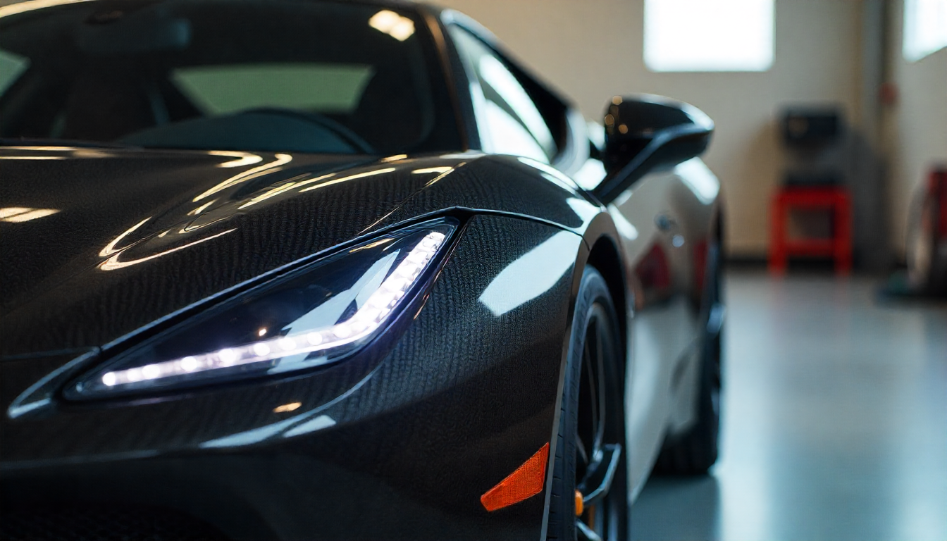 Close-up of a high-end sports car showcasing glossy carbon fiber parts including the hood and mirror, highlighting texture, craftsmanship, and luxury performance design.