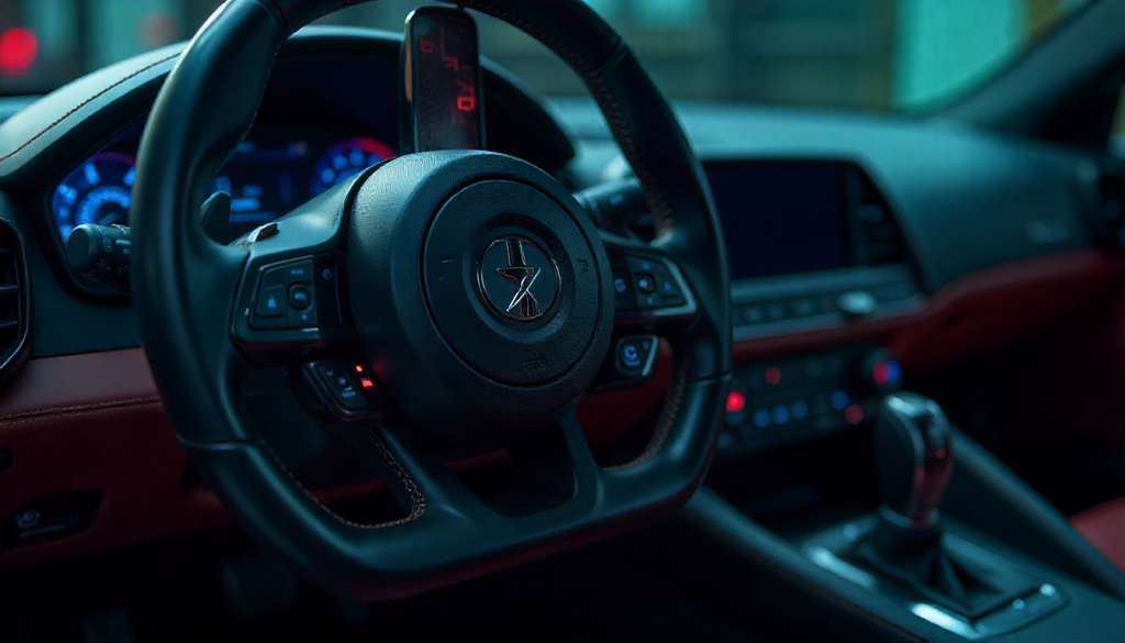Close-up of a handcrafted carbon fiber automotive part showing detailed weave texture and glossy finish in a luxury performance car workshop setting