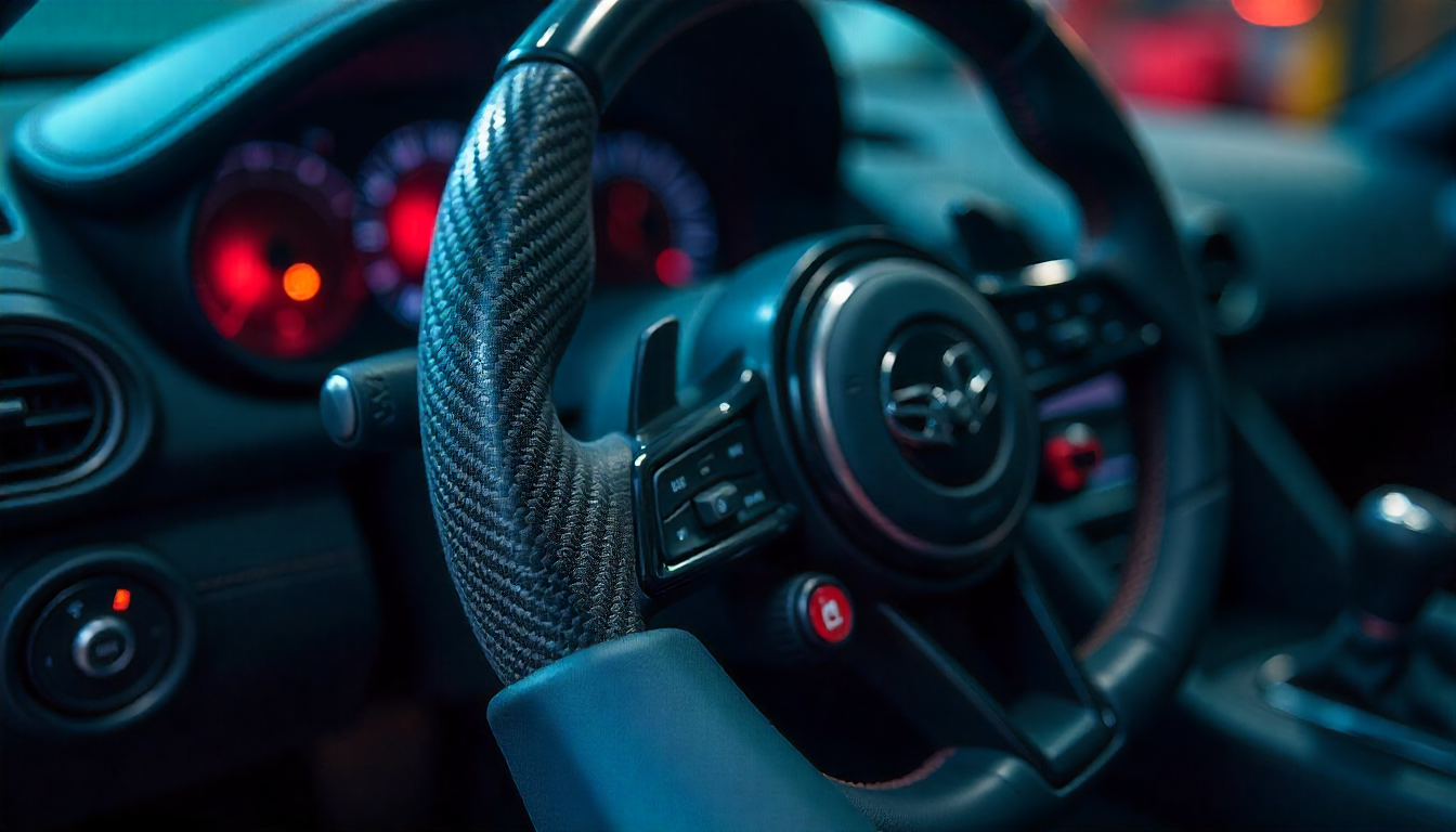 Close-up of a handcrafted carbon fiber automotive part showing detailed weave texture and glossy finish in a luxury performance car workshop setting